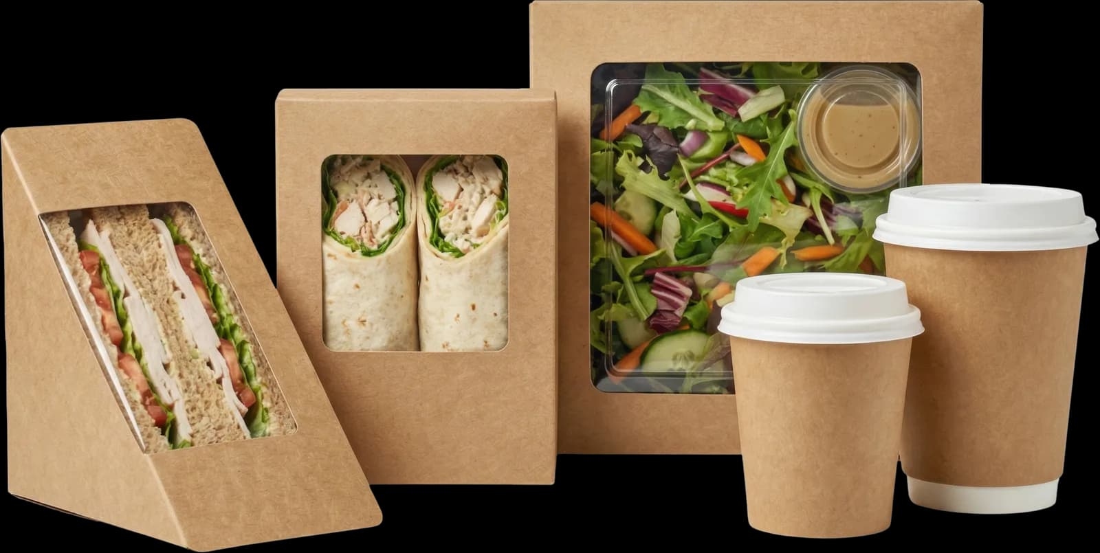 Take-out-Verpackungen aus Kraftkarton: Sandwich-Dreieck, Wrap- und Salatbox, Kaffeebecher